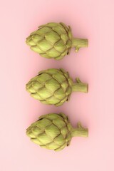 Obraz premium Fresh and vibrant artichokes arranged beautifully on a soft pink background for a stunning visual delight