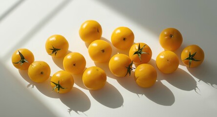 Ripe yellow tomatoes on a white surface with subtle shadows