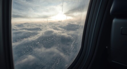 Fototapeta premium Midair view of thick cloud coverage through airplane glass window