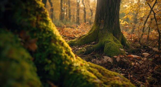 Shallow focus capture of green moss coating tree trunks in colorful fall forest