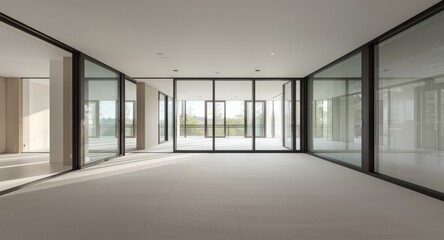 Fototapeta premium Modern architectural design showcasing expansive windows in a vacant living space
