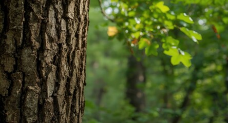 Obraz premium Textured tree trunk surface close-up framed by vibrant green foliage and a smooth blurred forest canopy behind