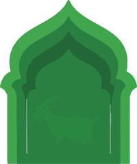 Islamic mosque arch vector illustration with goat silhouette. Green layered design representing Eid al-Adha, Ramadan, and Muslim culture. Traditional religious graphic element.