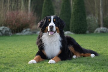 Beautiful Bernese mountain dog relaxing on lush green grass in a serene garden setting during a sunny afternoon
