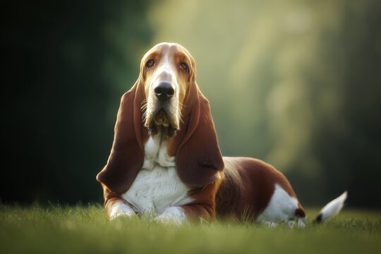 Elegant basset hound lounging peacefully in a sunlit meadow on a warm afternoon