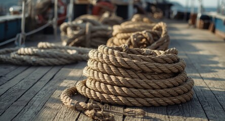 Fototapeta premium Rustic ship deck featuring intertwined marine ropes demonstrating rugged maritime workmanship