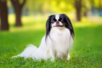 Majestic Japanese Chin dog poses gracefully on lush green grass in a sunny park, capturing the essence of playful summer days