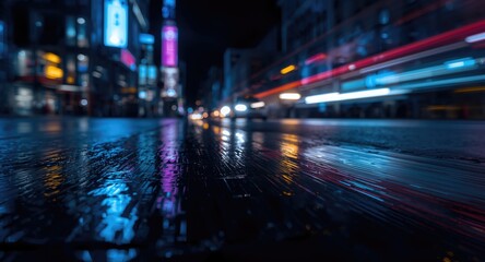 Obraz premium Nighttime city blur showcasing bright reflections on wet pavement