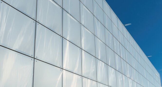 Innovative facade wall of office building using white aluminum composite panels with modern glass metal finish