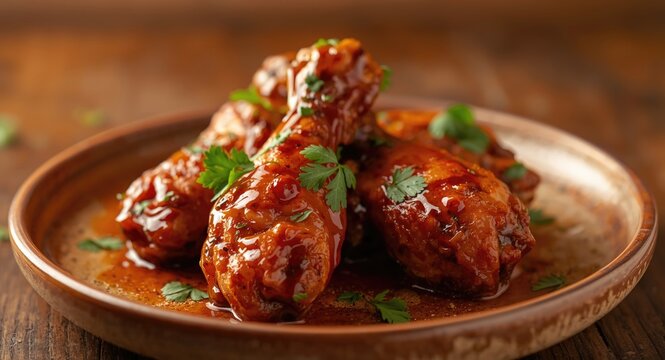Spicy mango chili glazed chicken wings and drumsticks garnished with fresh coriander on rustic ceramic plate