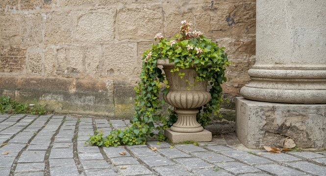 Decorative stone flowerpot with green fustian and ivy spilling down on textured grey cobblestones near a columned medieval wall with ample copy space