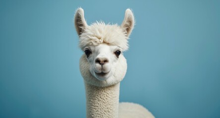 Fototapeta premium Inquisitive white alpaca posed on a smooth bright blue background