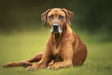 Beautiful brown rhodesian ridgeback dog resting peacefully on green grass in a serene outdoor setting during a sunny afternoon
