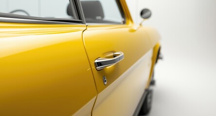 Yellow car door handle accentuated on white background showcasing vehicle entry detail