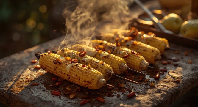 Outdoor grill party with Mexican elotes covered in cheese and chili peppers on stone