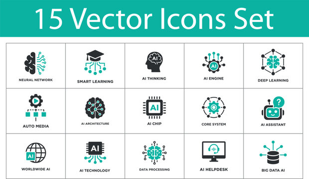 Artificial Intelligence solid icons set. Neural network, smart learning, AI thinking, deep learning, auto media, AI chip. Machine learning solid icons collection
