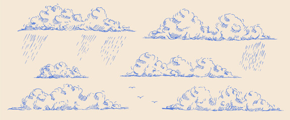 Hand-drawn clouds with rain and birds. Sky weathers sketch with vintage pen lines, retro hatching. Windy sky pencil drawing. Vector illustration perfect for nature-themed graphic. Cloudy set isolated. © Syuzann q