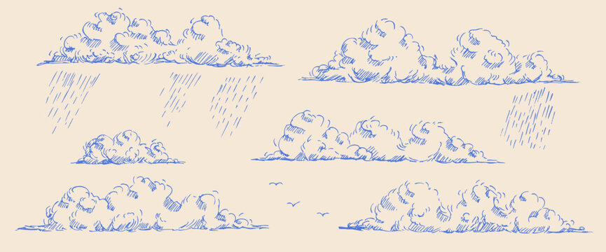 Hand-drawn clouds with rain and birds. Sky weathers sketch with vintage pen lines, retro hatching. Windy sky pencil drawing. Vector illustration perfect for nature-themed graphic. Cloudy set isolated.