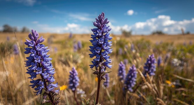 Thriving blue toadflax flowers in dry prairie and meadow lands