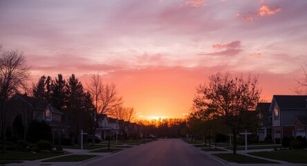 Radiant pink and orange sunset casting peaceful light over a suburban neighborhood scene