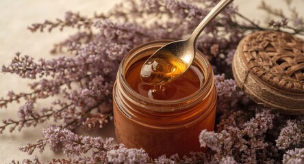 Fototapeta premium Spoon dipped in honey from a jar surrounded by delicate heather flowers
