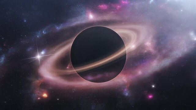 A black hole surrounded by a vibrant, swirling ring of light and color in a starry galaxy background, possibly used for educational or astronomical purposes