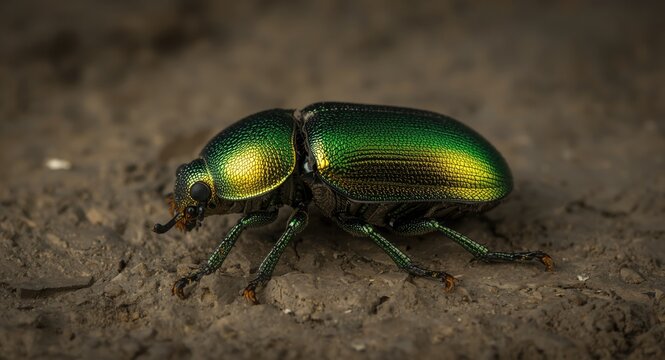 Shiny metallic green beetle specimen displayed on a textured surface with soft daylight bringing out Calosoma inquisitor patterns