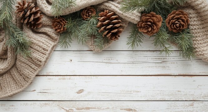 Cozy festive scene with pine cones fir branches and knitted blanket on white rustic wood background from above with copy space