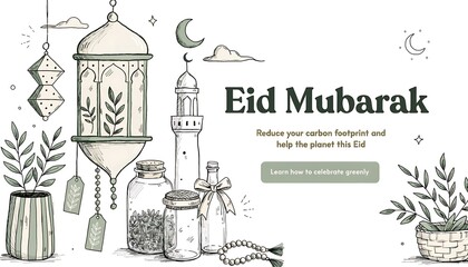 Hand-drawn Eid Mubarak illustration with eco-friendly message