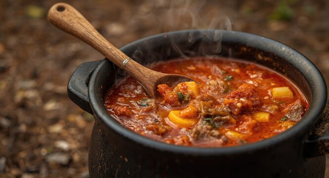 Macro shot of flavorful Hungarian goulash soup cooked outdoors in a bogracs pot