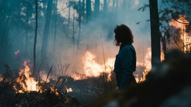 A woman stands in a smoky forest as wildfires rage around her, highlighting the urgent threat of climate change. The scene captures the intensity and emotional impact of environmental disasters
