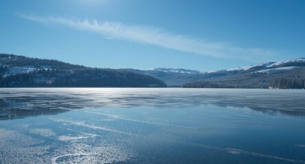 Obraz premium Winter season view of a sparkling lake amidst pure white snow cover