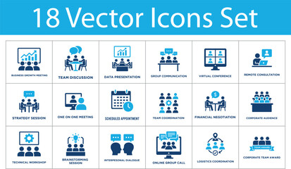 Fototapeta premium Business meeting solid icons set. Business growth, team discussion, data presentation, virtual conference, remote consultation. Corporate strategy solid icons collection