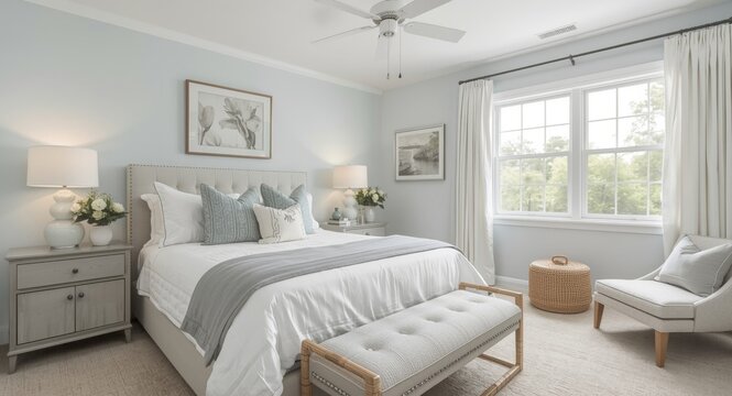 Coastal inspired bedroom layout with soft neutral tones and comfortable accessories