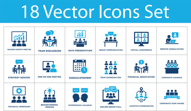 Business meeting solid icons set. Business growth, team discussion, data presentation, virtual conference, remote consultation. Corporate strategy solid icons collection