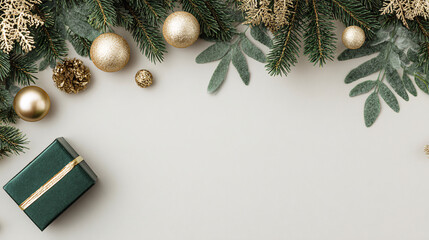 Festive Holiday Arrangement with Greenery and Gift Box on Background