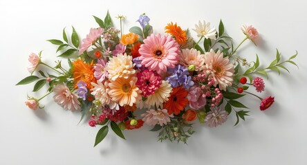 Color rich floral display on white backdrop with clear area from above
