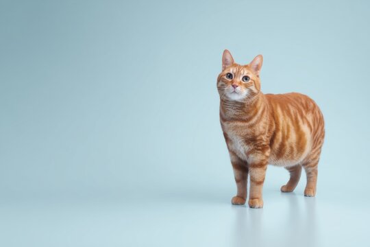 Curious orange Manx cat exploring a light blue background in a playful moment of wonder