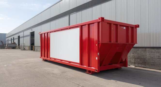 Waste collection dumpster in industrial red located near warehouse with advertising area