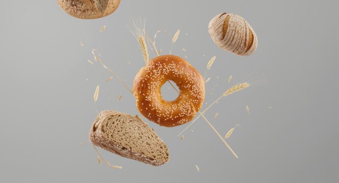 Assorted healthy bread selection with sesame bagel and wheat ears floating on a soft gray background