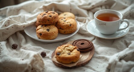 Serene tea pause setup including a cup of tea and baked goods cover