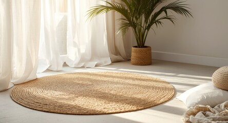 Sunlit round jute rug with soft curtains and lush palm plant in a serene modern living space
