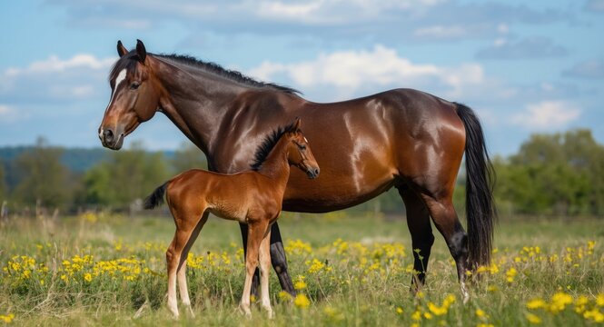 young foal and attentive mare outside on a warm spring day pasture