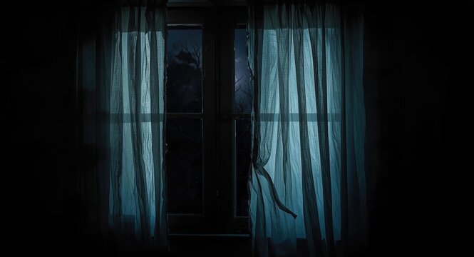 Ghost shadow lurking behind bedroom window curtains in scary Halloween setting