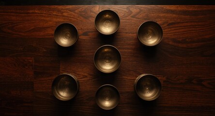 Top down view of bronze singing bowls on a wooden table designed for meditation and sound healing