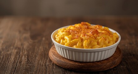 Comfort food macaroni and cheese baked in dish atop wooden table
