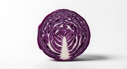 Fototapeta premium Purple cabbage half section isolated on white matte background with copy space