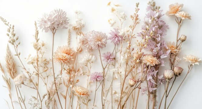 Pressed wildflowers featuring romantic styling and pastel colors on stark white backdrop