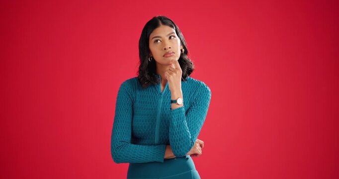 Planning, thinking and woman in studio with ideas, reflection or memory for doubtful decision or choice. Remember, unsure and person by red background with nostalgia, problem solving or brainstorming
