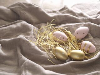 Pastel Easter Eggs On Soft Linen
